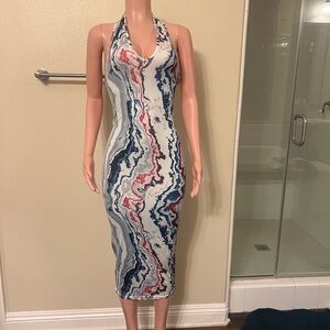 Chic Marble Print Halter Midi Dress. Size M.